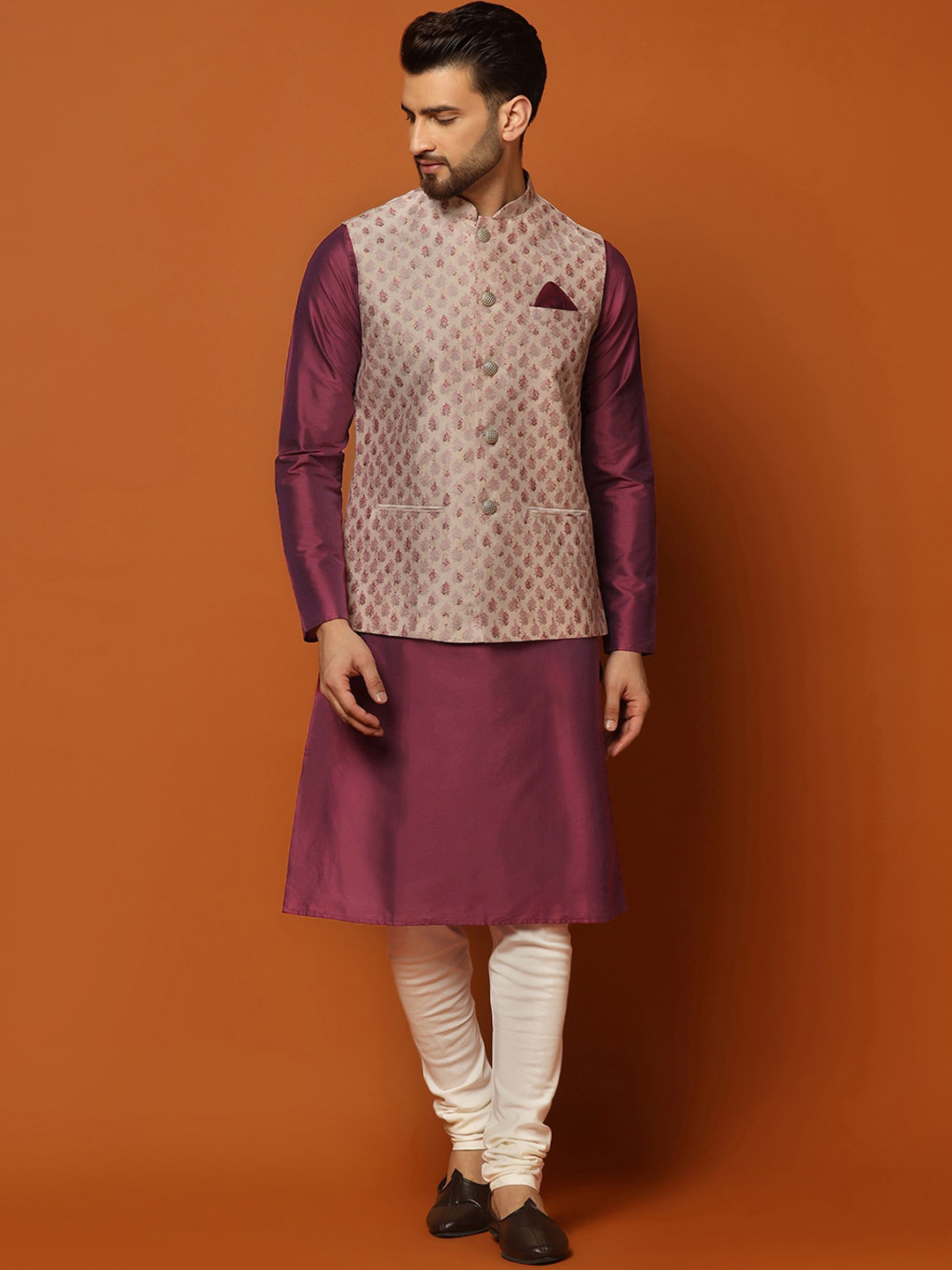 KISAH Mandarin Collar Straight Kurta with Churidar & Nehru Jacket