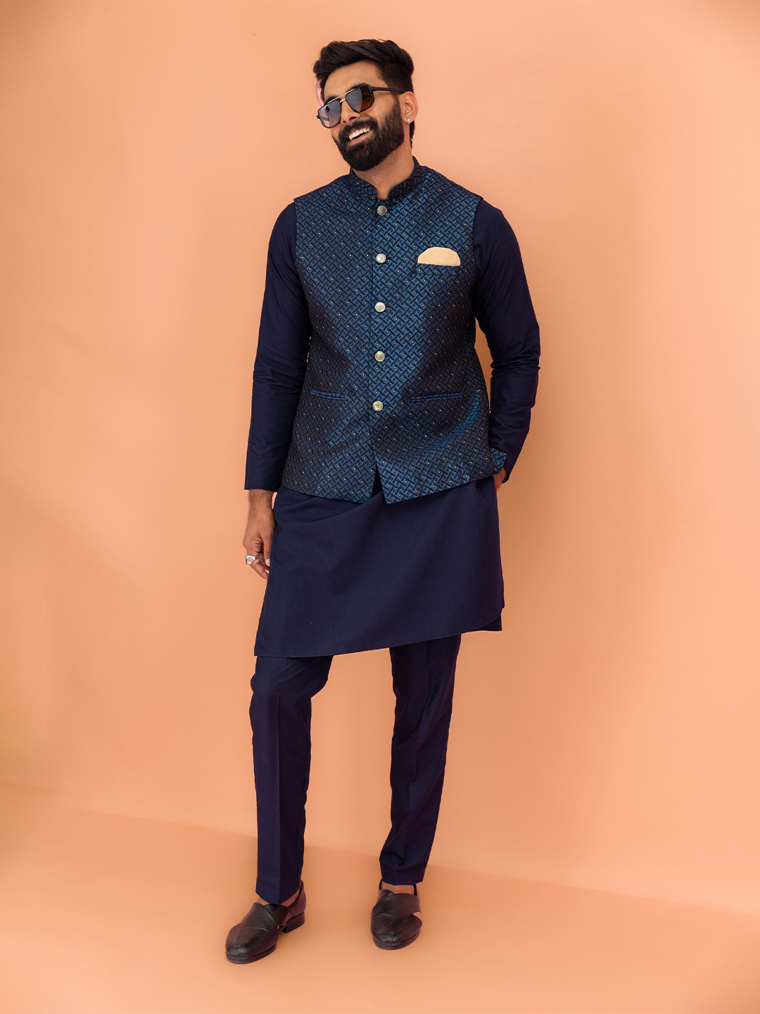 KISAH Men Embellished Regular Fit Geometric Pattern Kurta Jacket Trouser Set