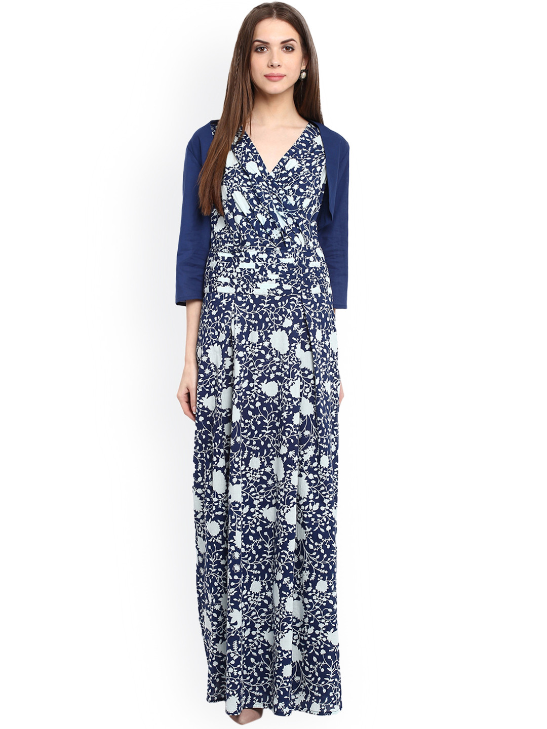 La Zoire Women Navy Blue and White Printed Maxi Dress