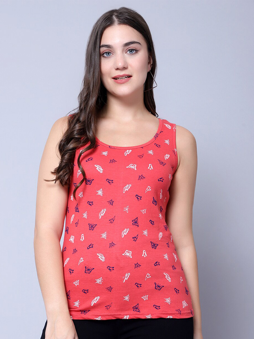 DIAZ Red Conversational Printed Sleeveless Cotton Tank Top