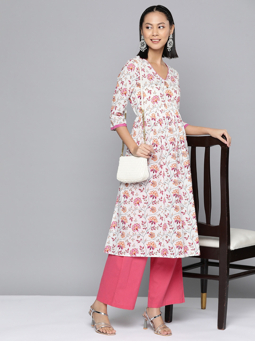 Buy HERE&NOW Women Off White & Pink Ethnic Motifs Print Pure
