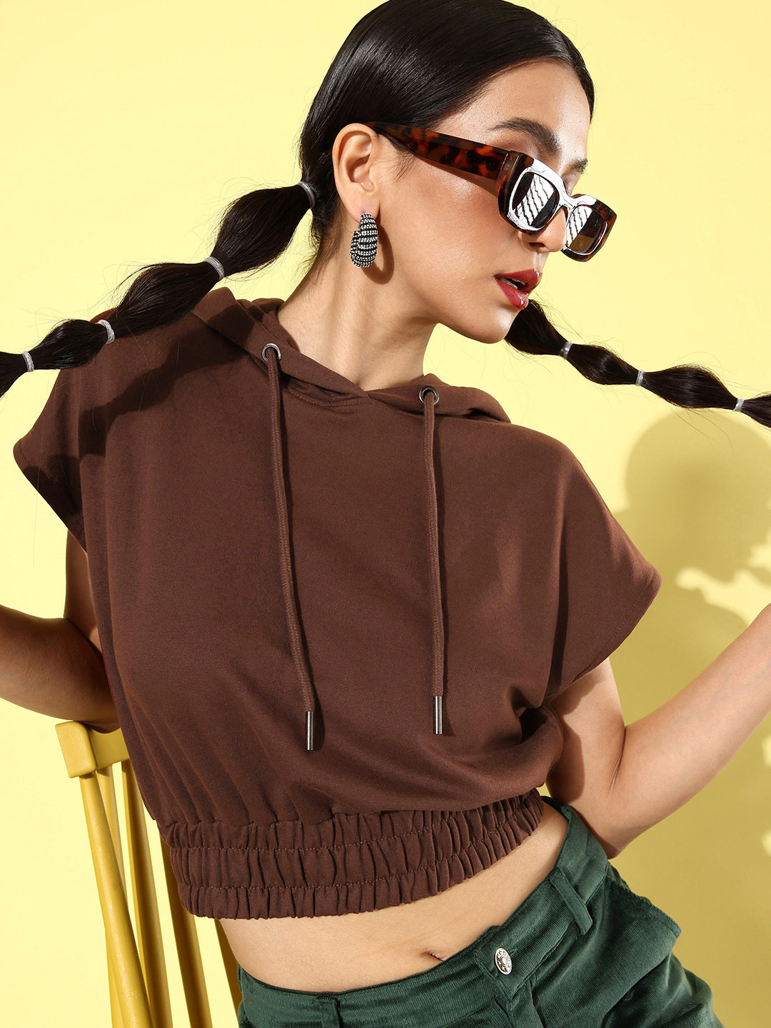 The Roadster Life Co. Muddy Brown Winter Discotheque Hooded Crop Sweatshirt