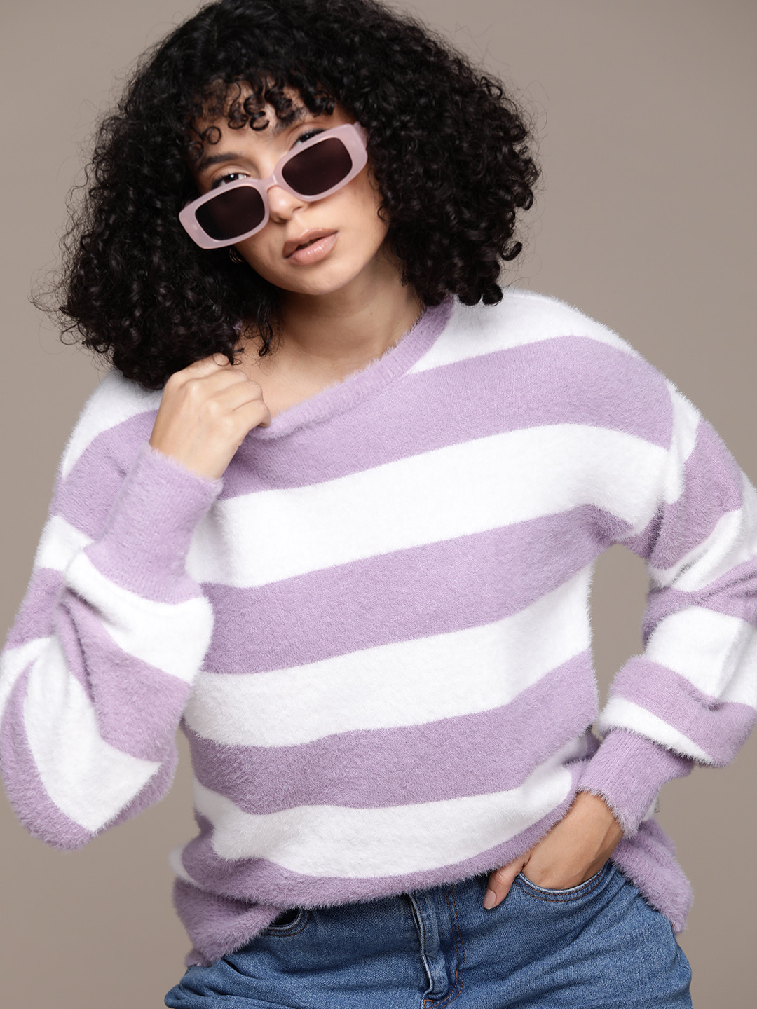 The Roadster Lifestyle Co. Striped Pullover with Fuzzy Detail