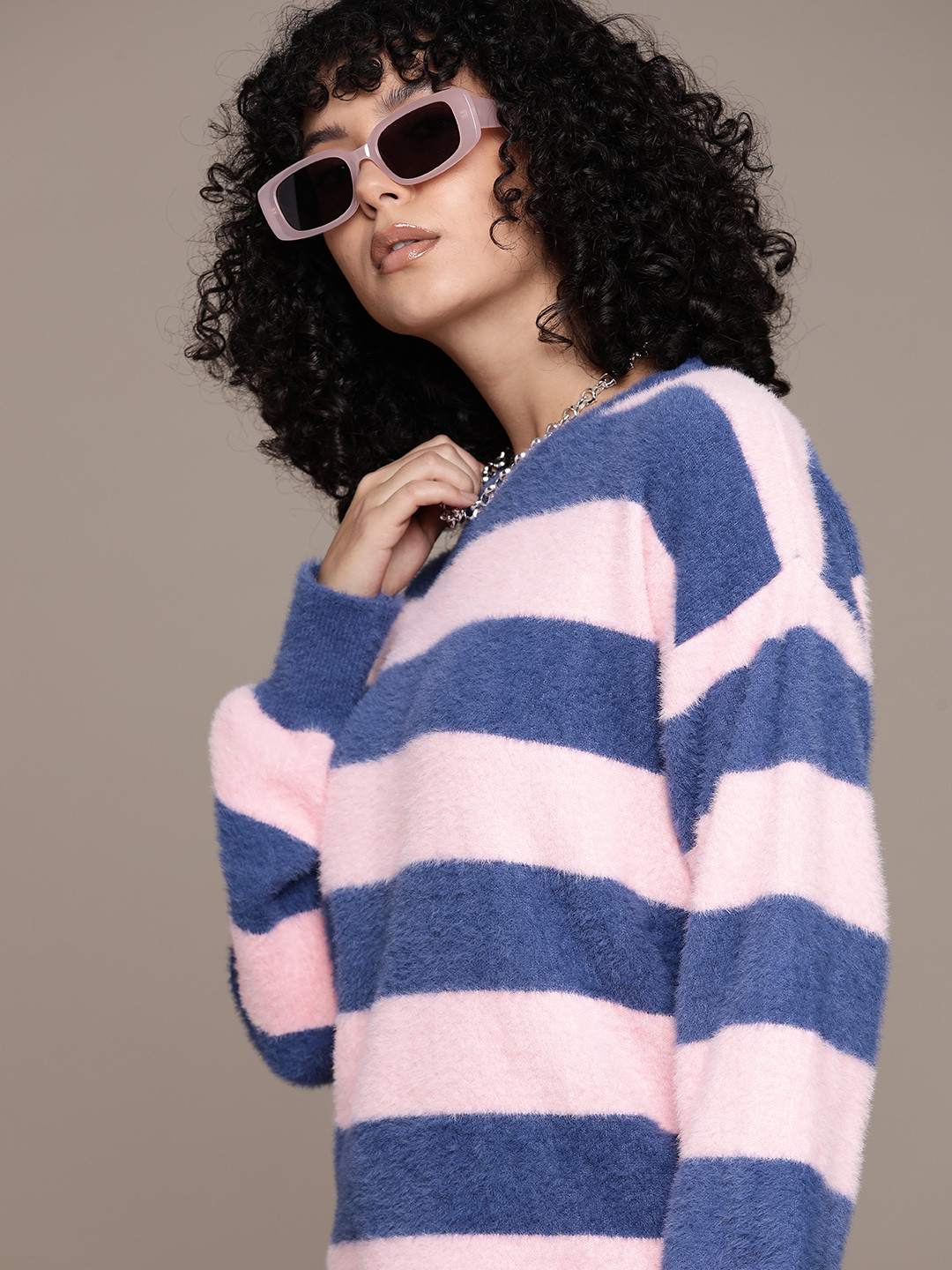 The Roadster Lifestyle Co. Faux-Fur Detail Striped Pullover