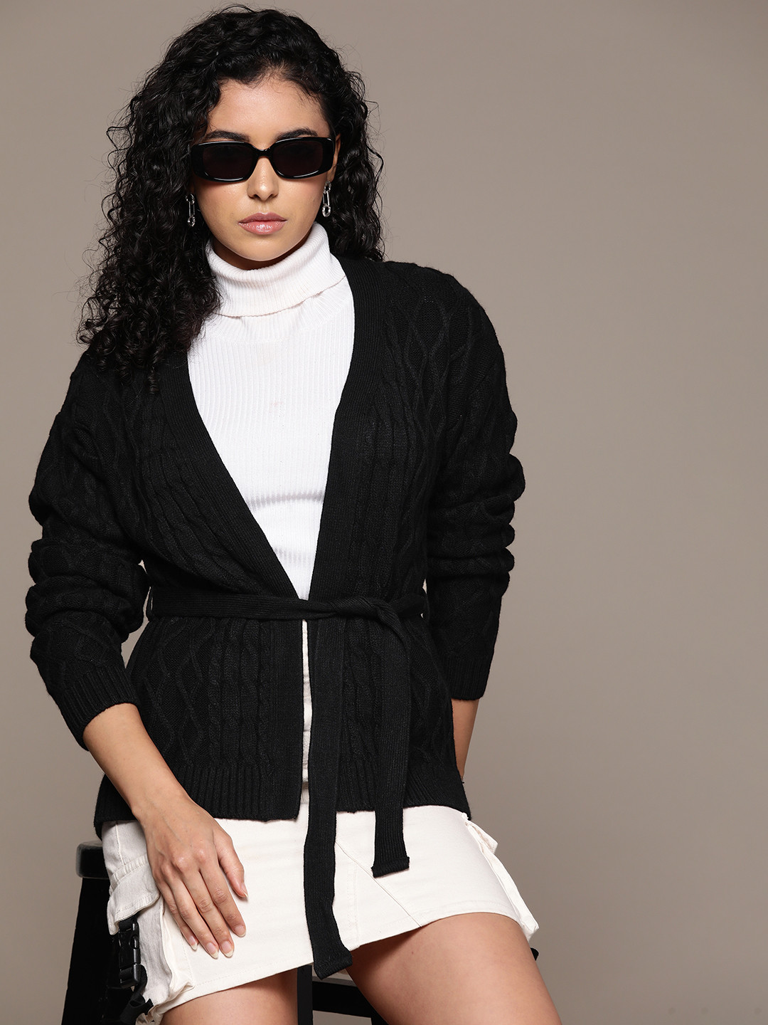 The Roadster Lifestyle Co. Drop-Shoulder Sleeves Cable Knit Belted Acrylic Front-Open