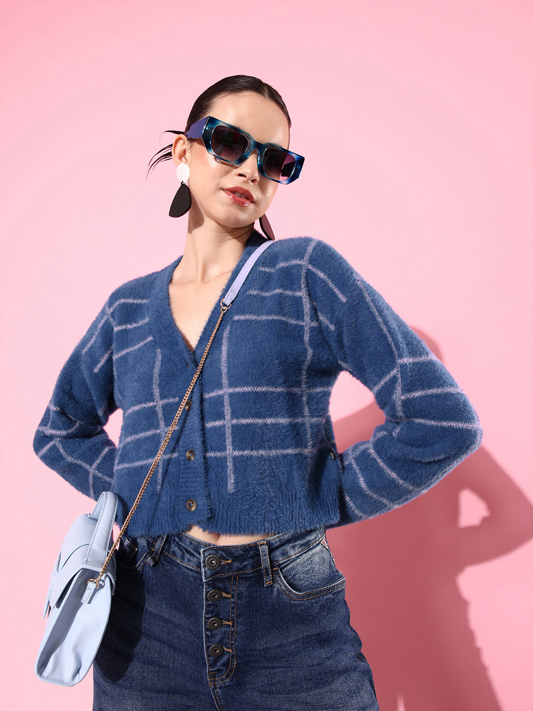 The Roadster Life Co. Checked Crop Cardigan Sweater with Fuzzy Detail