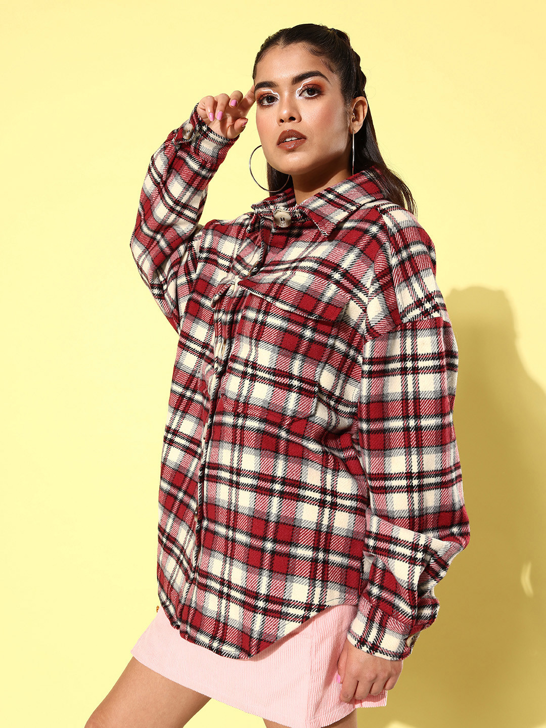 The Roadster Life Co. Blood Red Checked Super Shackets Longline Tailored Jacket