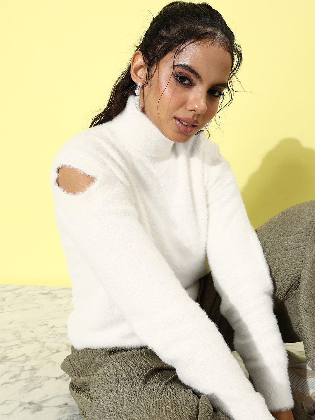The Roadster Life Co. Turtle Neck Pullover With Fuzzy And Cut-Out Detail