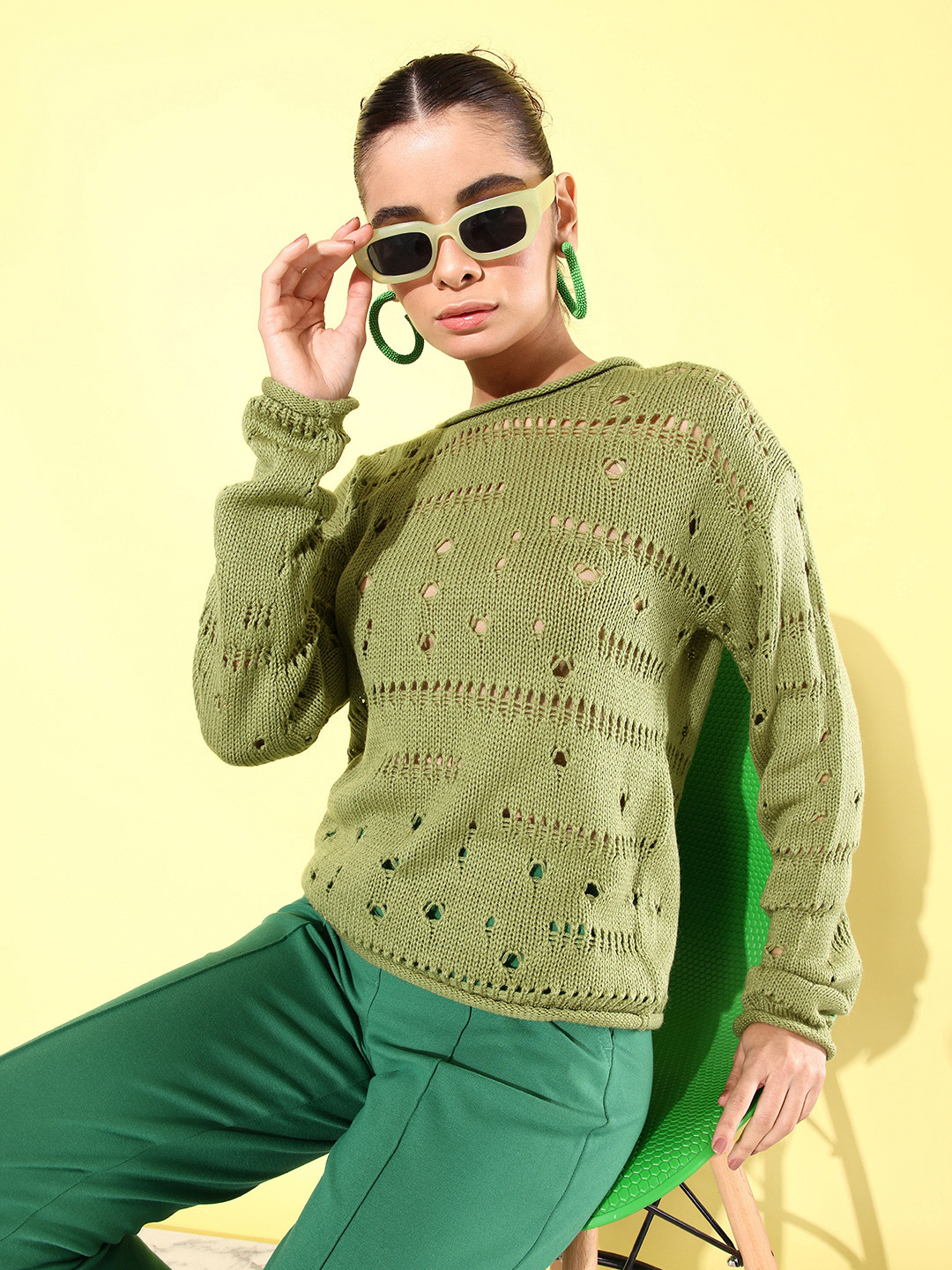 The Roadster Life Co. Self Design Open-Knit Pullover Sweater