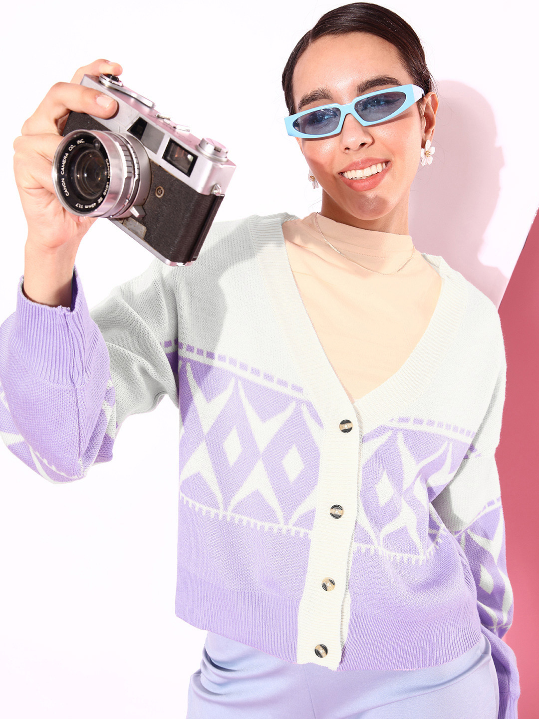 Roadster Fascination Infatuation Rich Purple Geometric Printed Cardigan