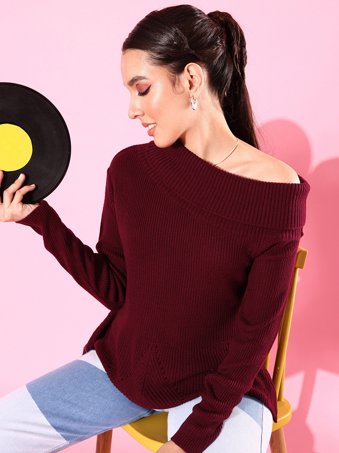 The Roadster Life Co. Self Design Open Knit One-Shoulder Pullover