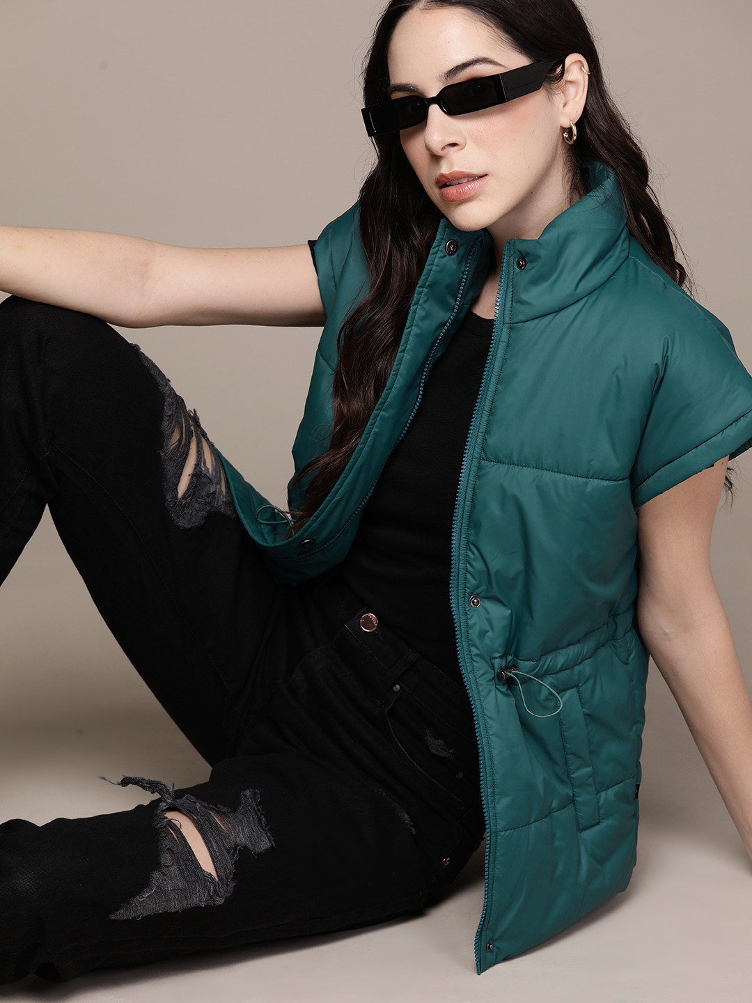 The Roadster Lifestyle Co. Solid Embroidered Detail Extended Sleeves Puffer Jacket