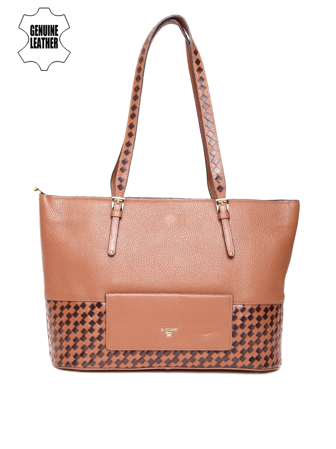 Da Milano Brown Genuine Leather Shoulder Bag With Basketweave Image