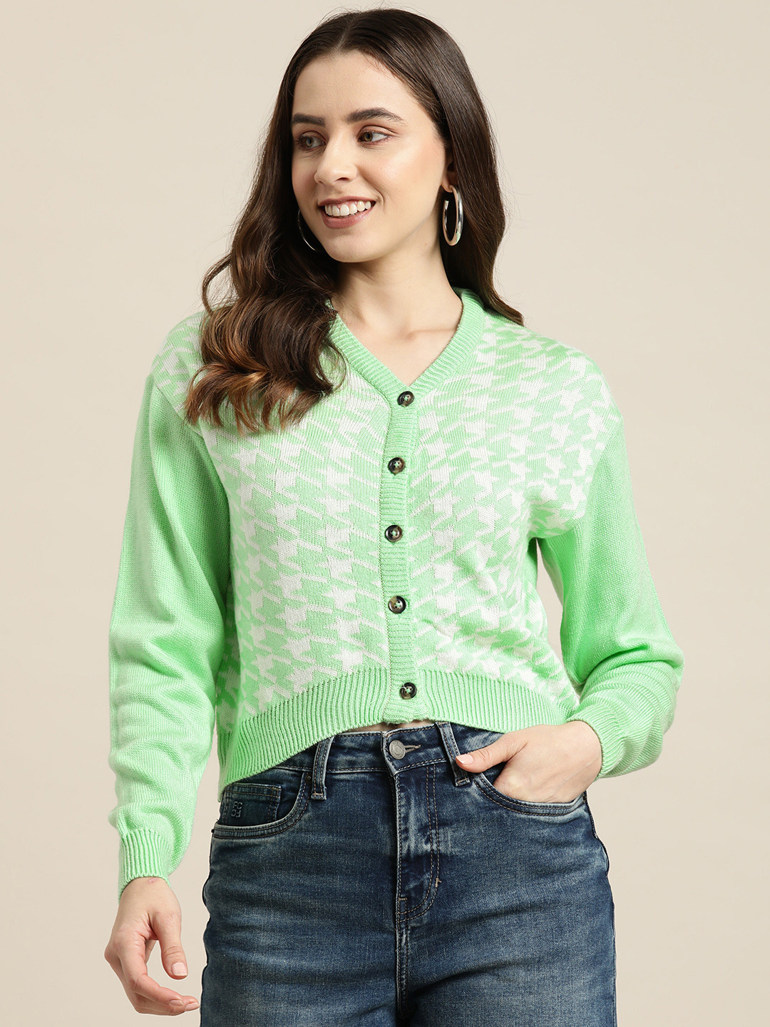 HERE&NOW Houndstooth Checked Cardigan
