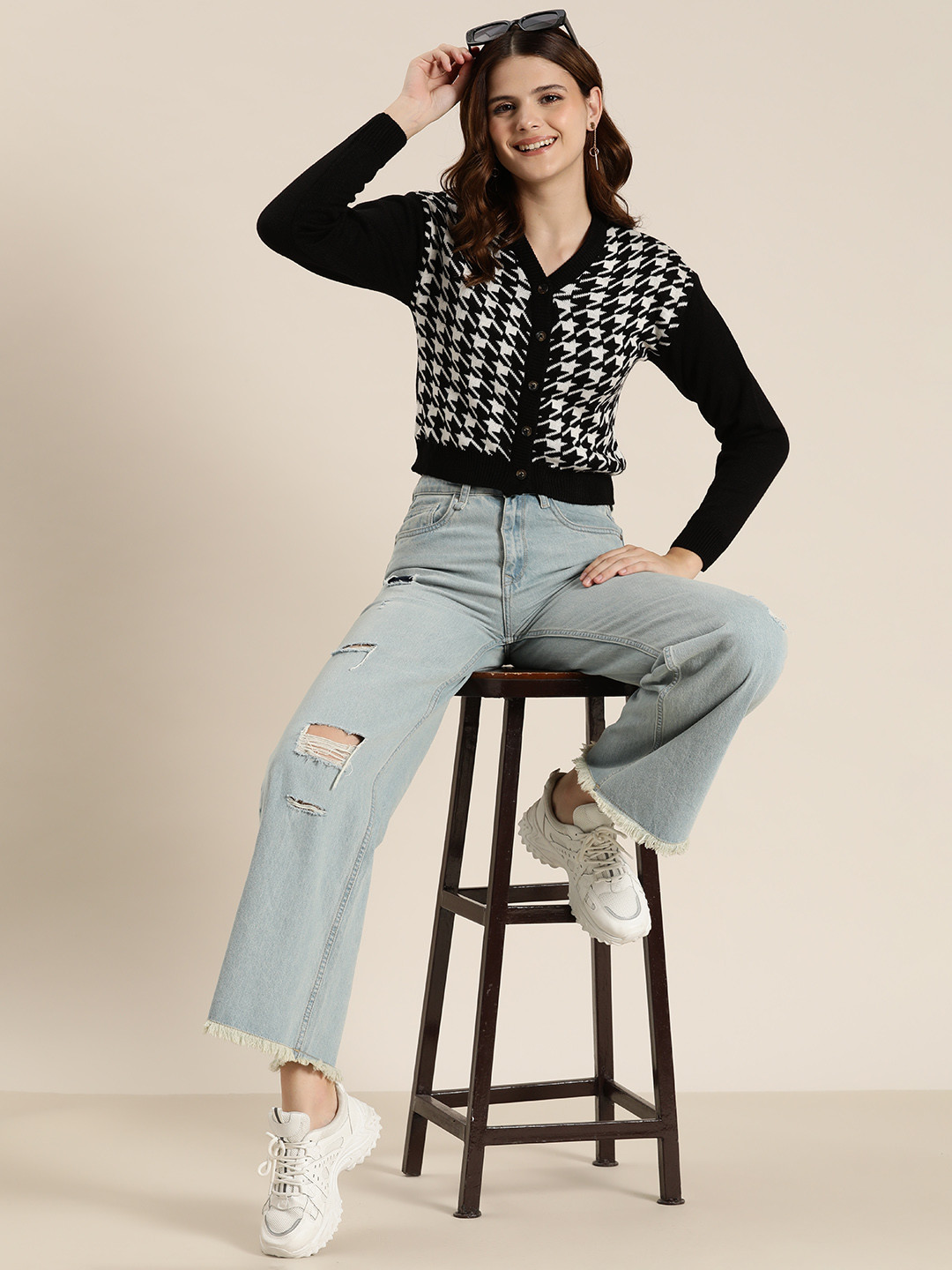 HERE&NOW Monochrome Acrylic Self Design Cardigan