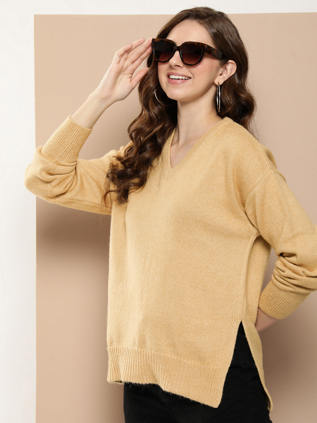 HERE&NOW  V-Neck Full Sleeves Ribbed Pullover Sweaters