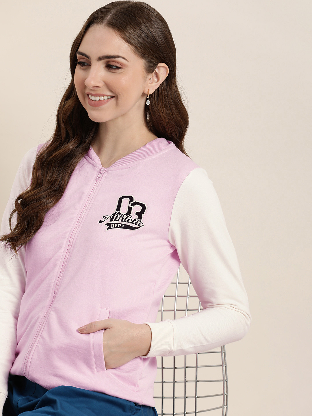 HERE&NOW Typography Printed Mock Collar Front-Open Sweatshirt