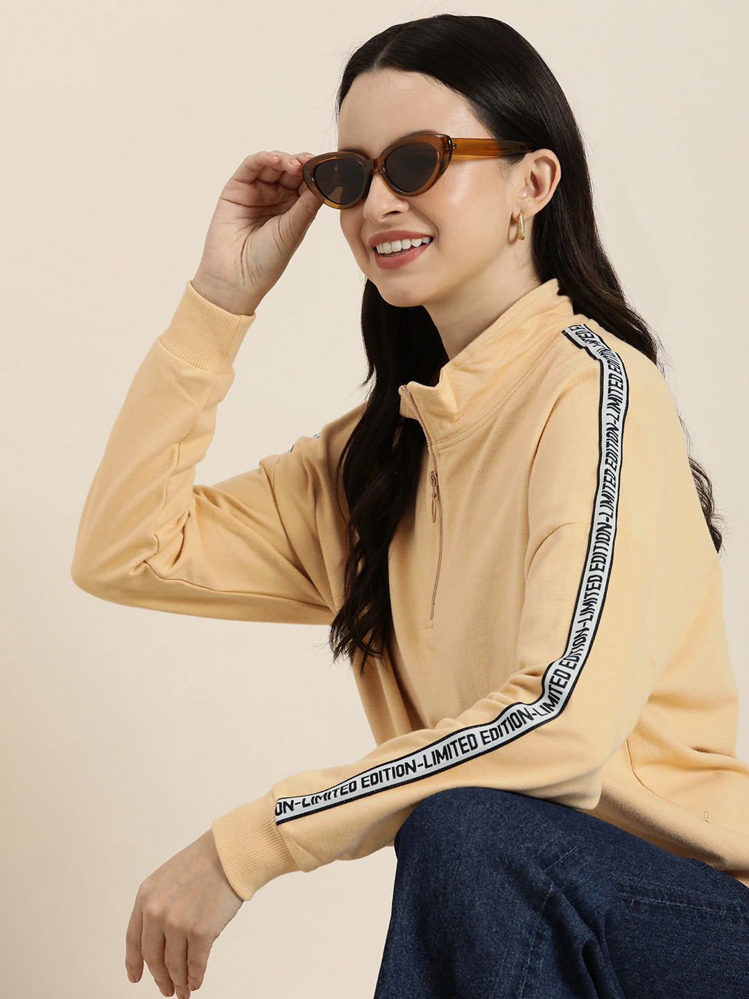 HERE&NOW Pure Cotton Solid With Tape Detail Sweatshirt