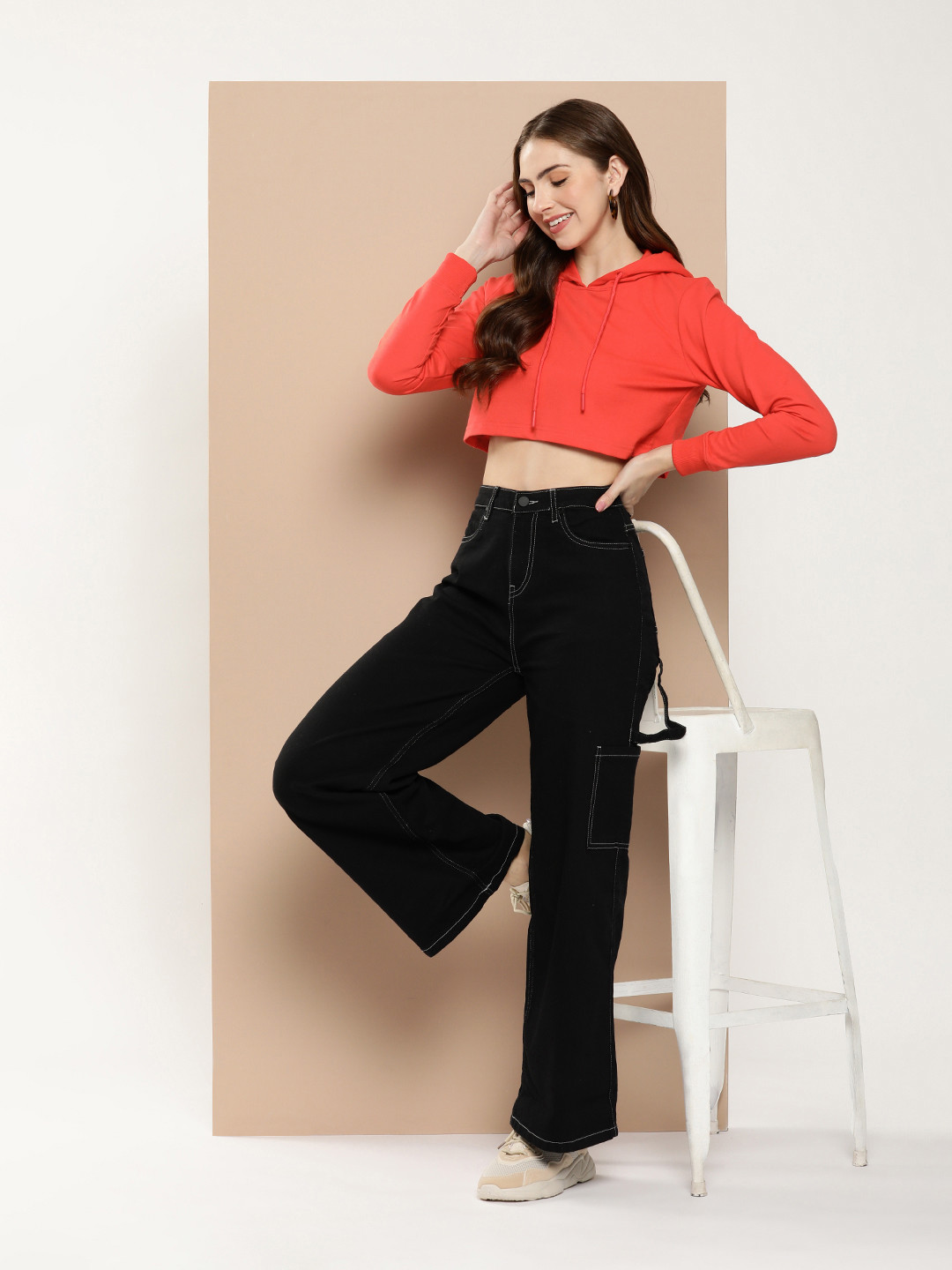 HERE&NOW Solid Hooded Pullover Crop Sweatshirt