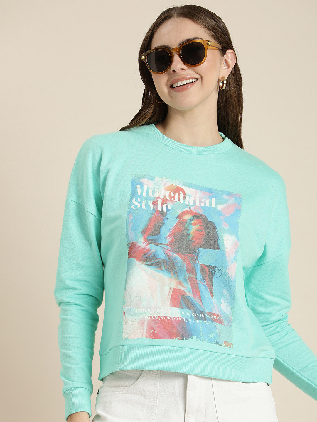 HERE&NOW Graphic Printed Pure Cotton Pullover Sweatshirt