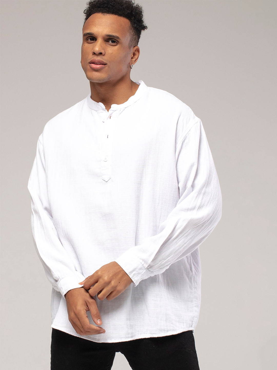 catch Men Band Collar Half Placket Casual Shirt