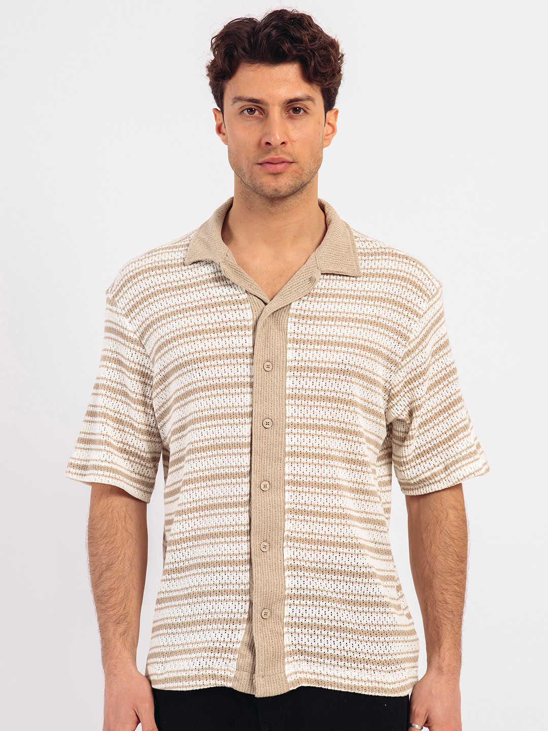 catch Men Striped Self Design Casual Crochet Shirt