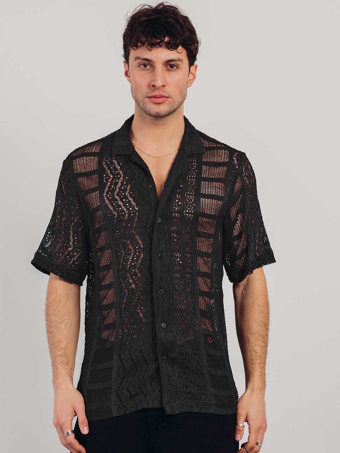 catch Men Self Design Sheer Casual Crochet Shirt