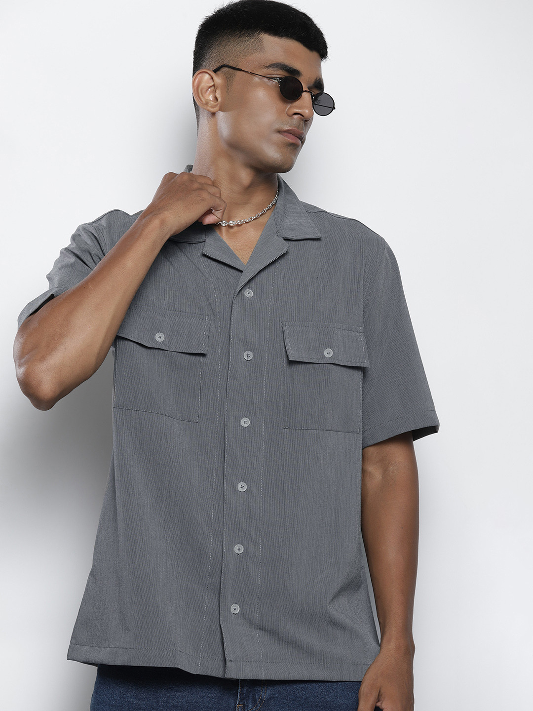 catch Pinstriped Cuban Collar Casual Shirt