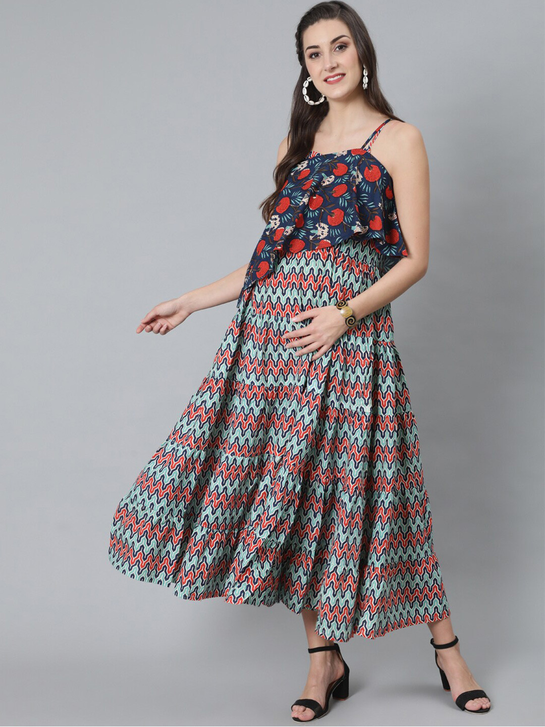 antaran Geometric Printed Cotton Maternity & Feeding A-Line Maxi Dress With Cape Top