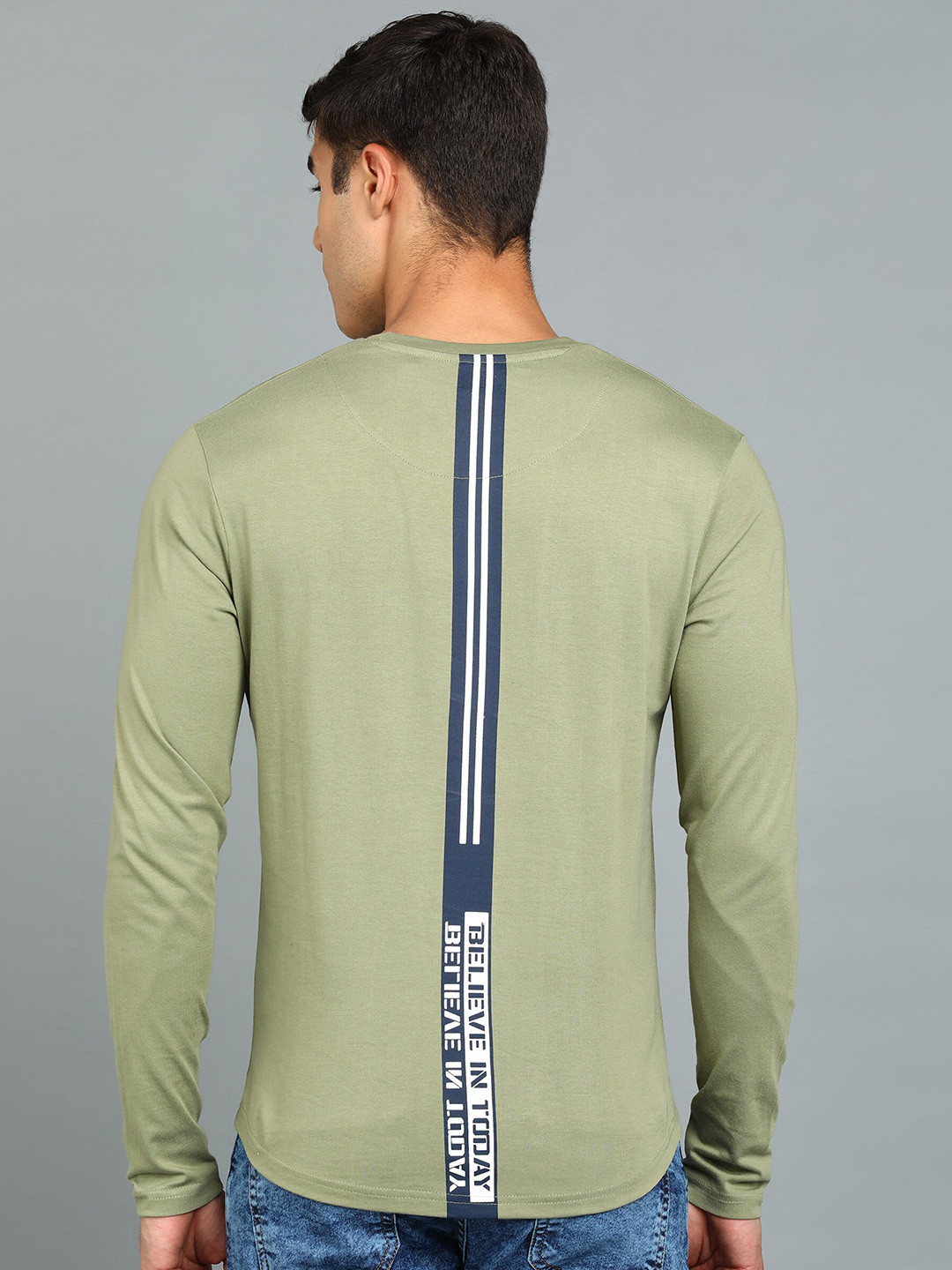 Urbano Fashion Men Olive Full Sleeve Printed Pure Cotton Round Neck Long Sleeves Slim Fit T-shirt