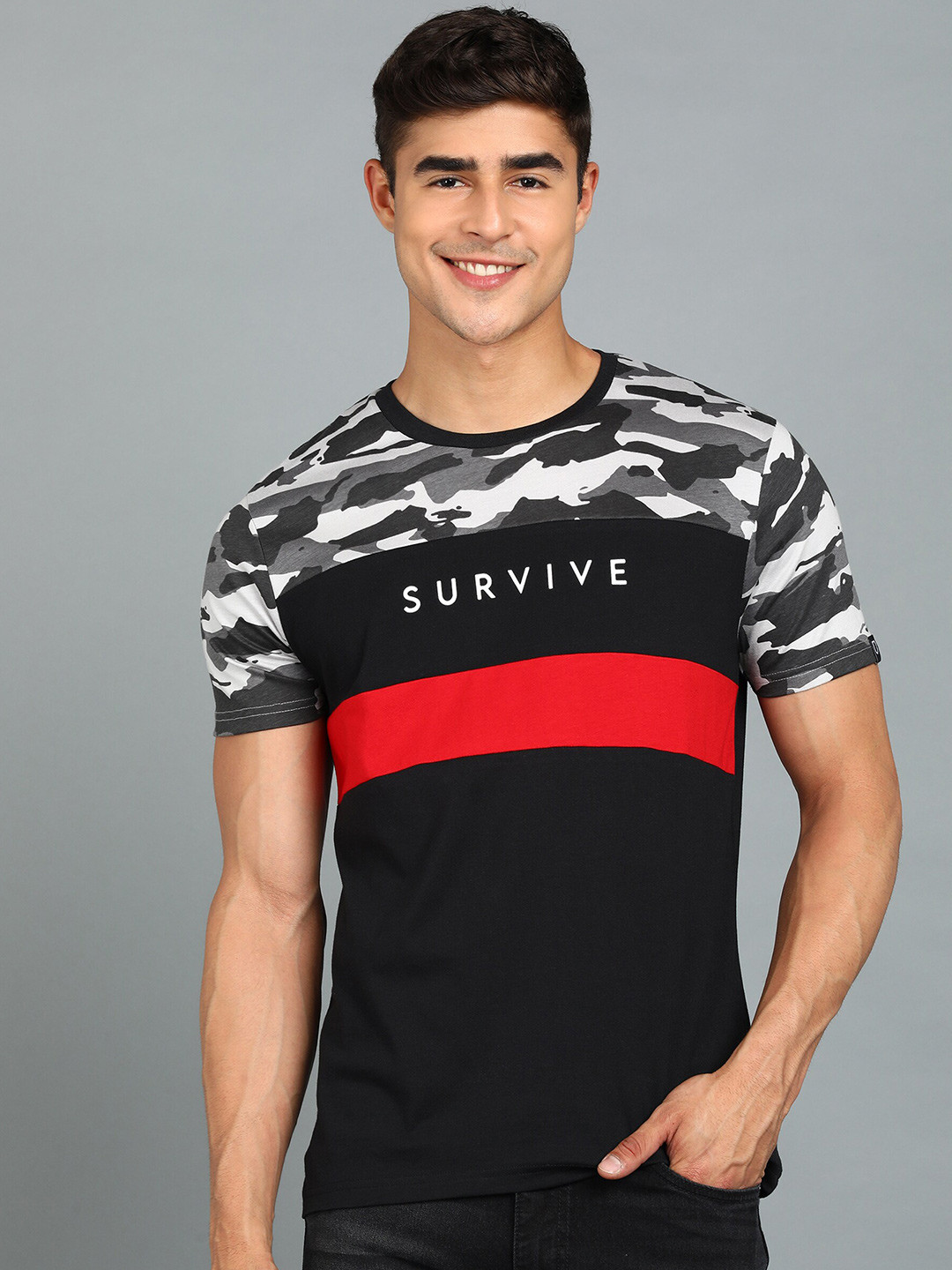 Urbano Fashion Men Grey Military Half Sleeve Camouflage Printed Pure Cotton Slim Fit T-shirt