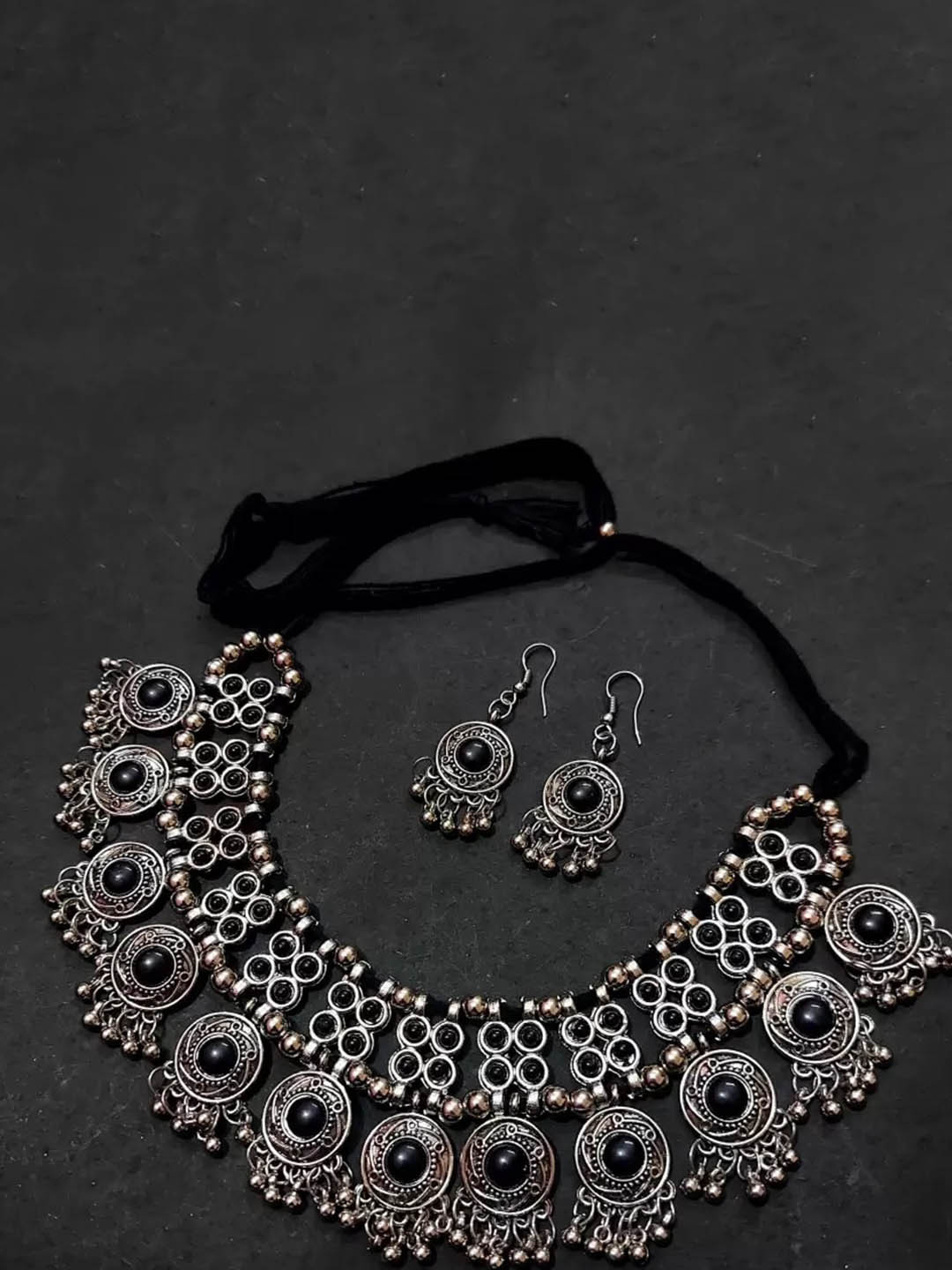 Samridhi DC Silver-Plated Stone-Studded & Beaded Oxidised Afghan Jewellery Set