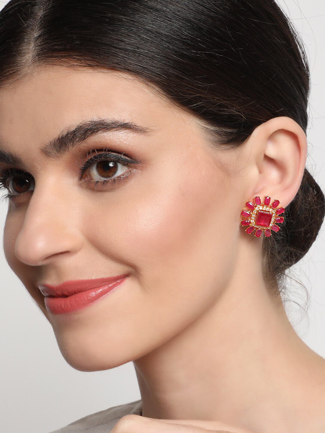 Anouk Gold Plated Square Ruby Studded Studs Earrings