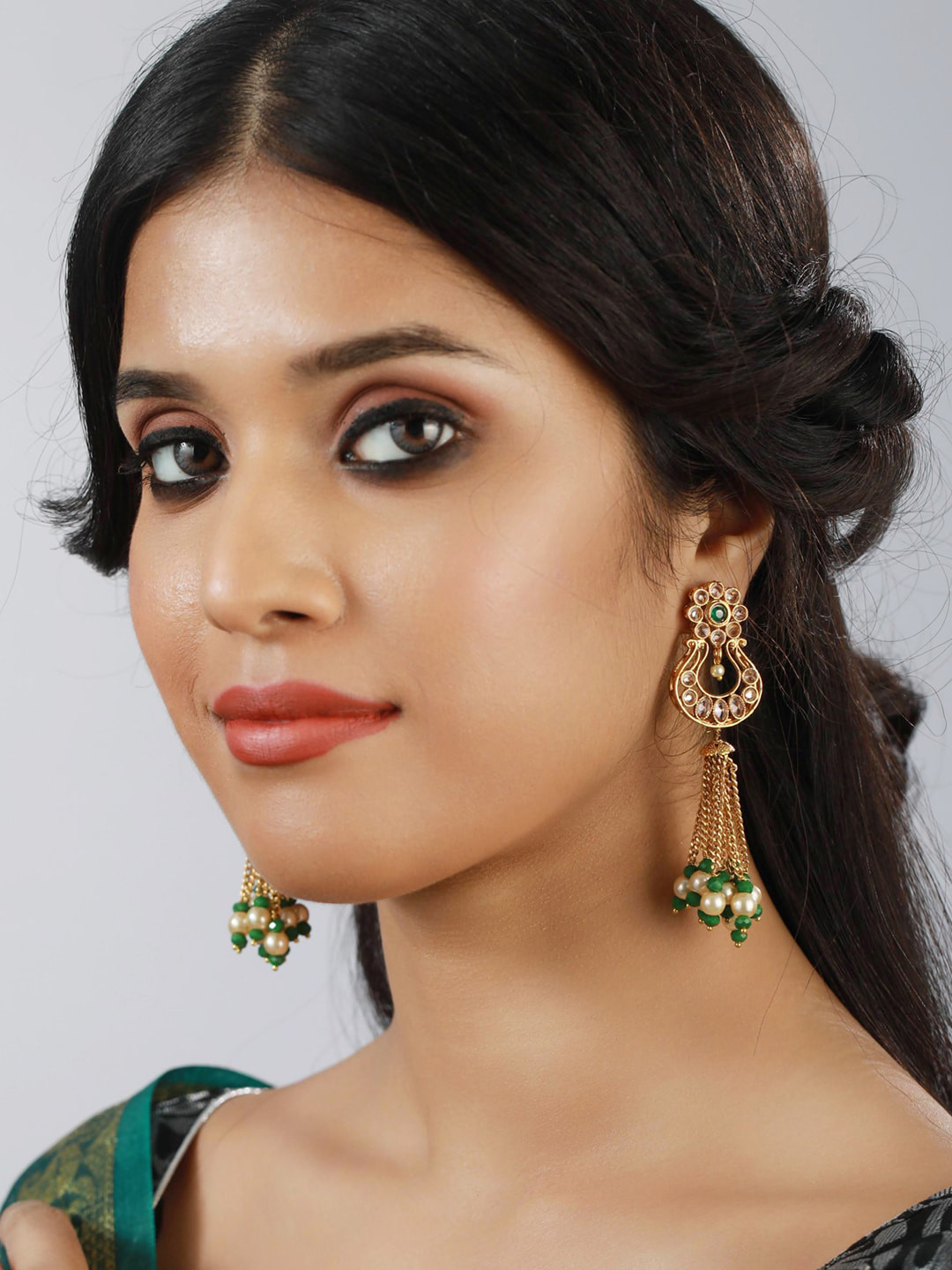 Anouk Gold Plated Contemporary Kundan Studded & Beaded Drop Earrings