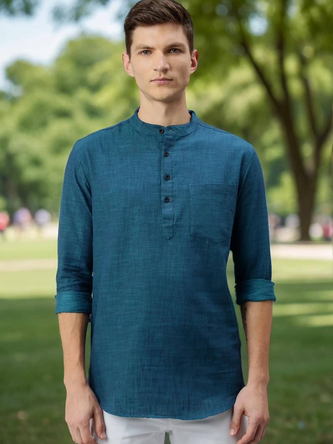 Kryptic Band Collar Pure Cotton Short Kurta