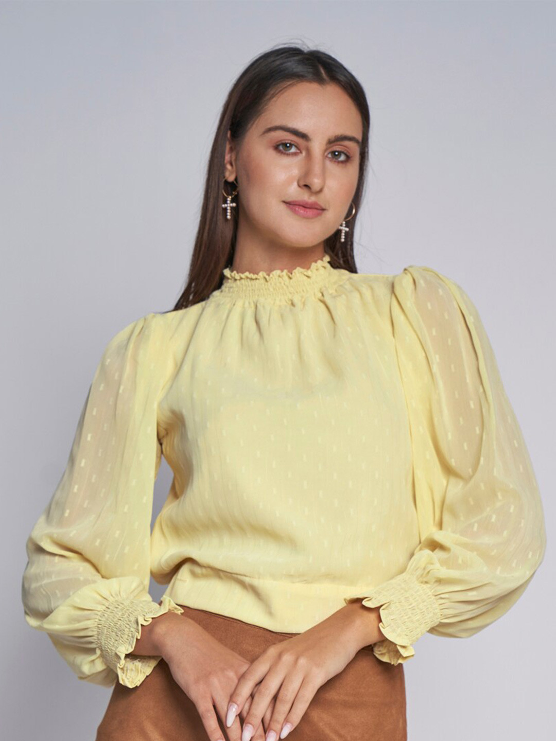 DressBerry Yellow High Neck Puff Sleeve Smocked Chiffon Blouson Top