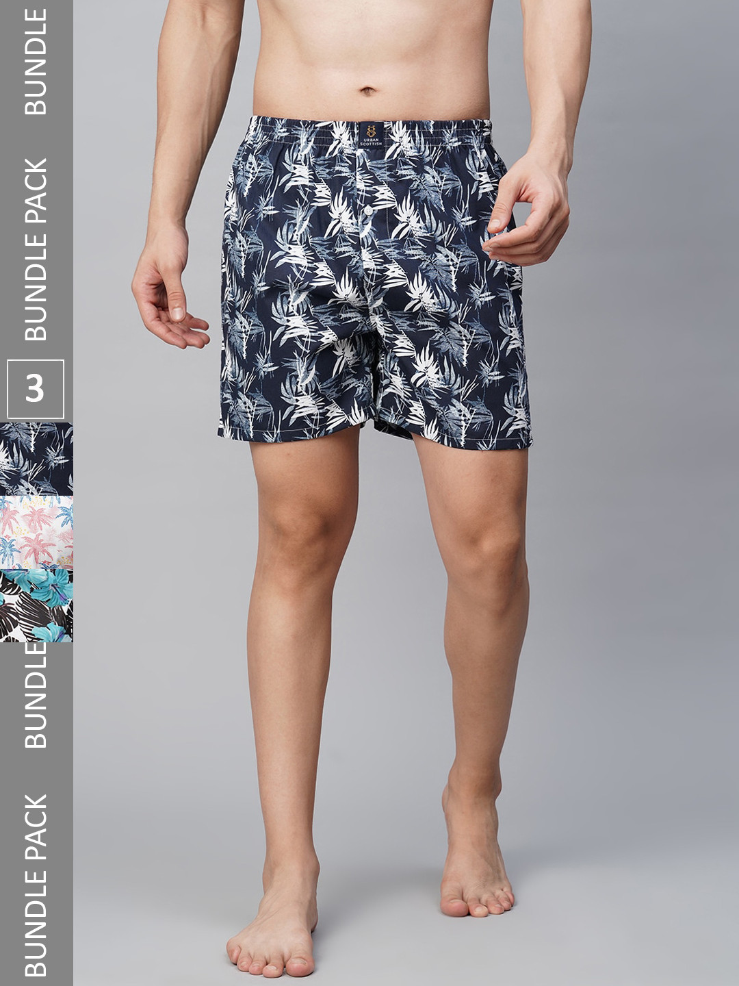 URBAN SCOTTISH Men Pack of 3 Mid-Rise Comfort Fit Printed Pure Cotton Boxers