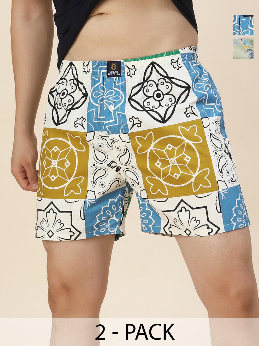 URBAN SCOTTISH Men Pack of 2 Mid-Rise Comfort Fit Printed Pure Cotton Boxers