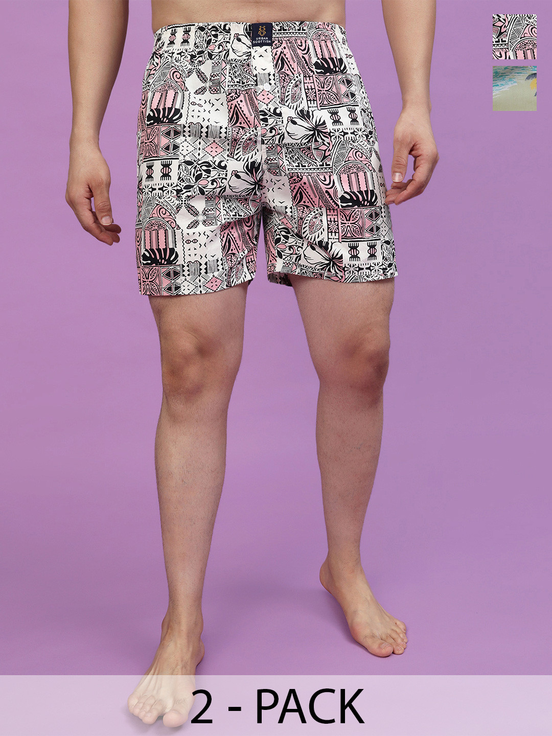 URBAN SCOTTISH Men Pack of 2 Mid-Rise Comfort Fit Printed Pure Cotton Boxers