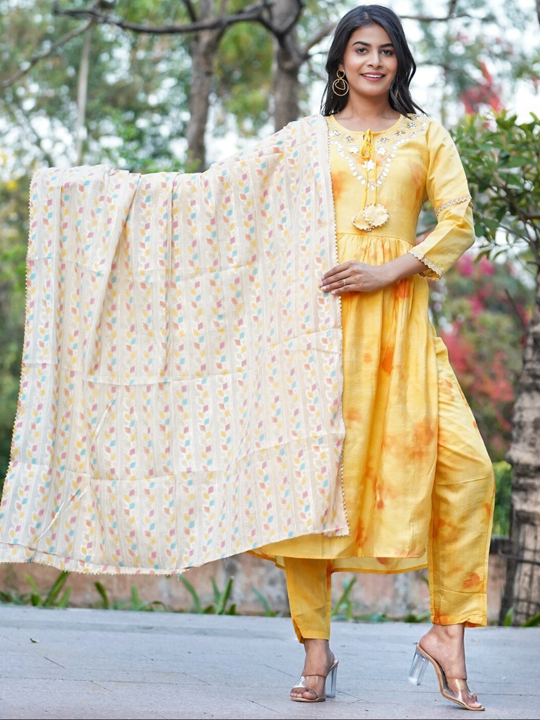 Kesarya Dyed High Slit Gotta Patti Chanderi Silk Kurta with Trousers & Dupatta