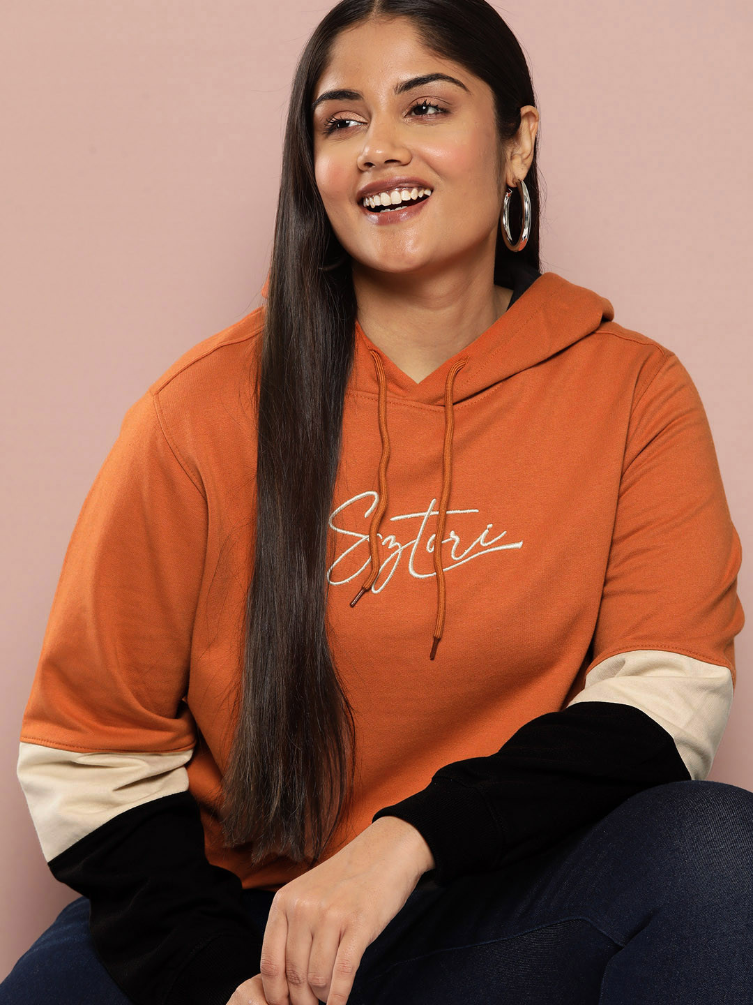 Sztori Plus Size Brand Logo Embroidered Hooded Sweatshirt