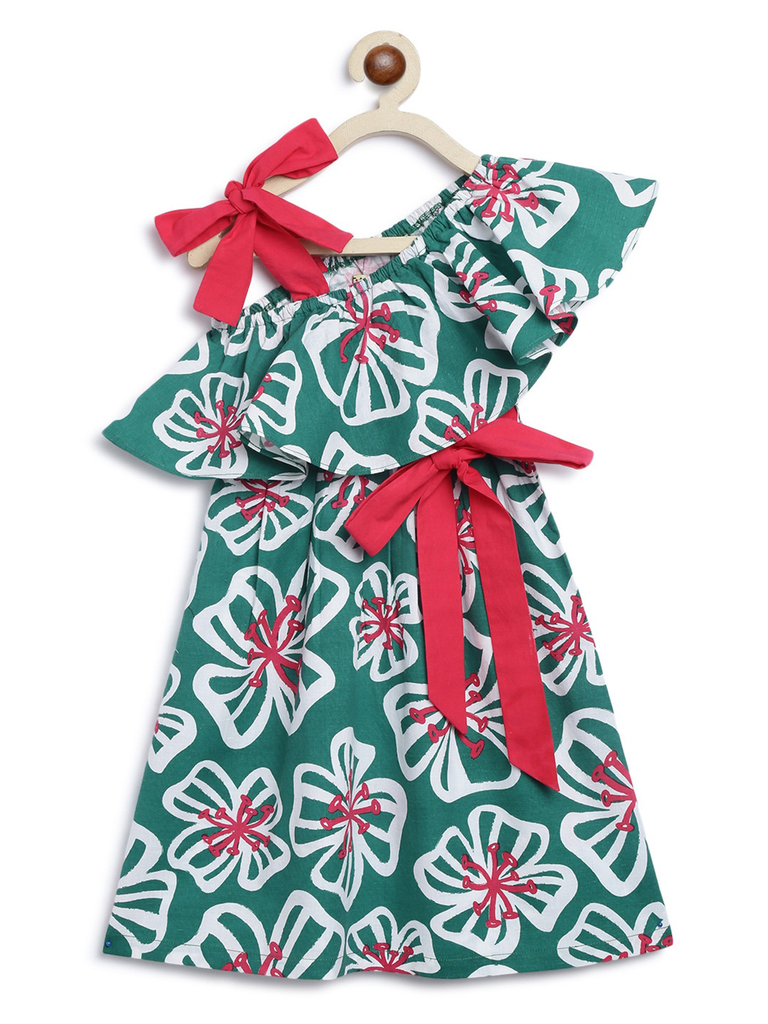 Tiber Taber Girls Green Floral Printed Cotton Fit & Flare Dress