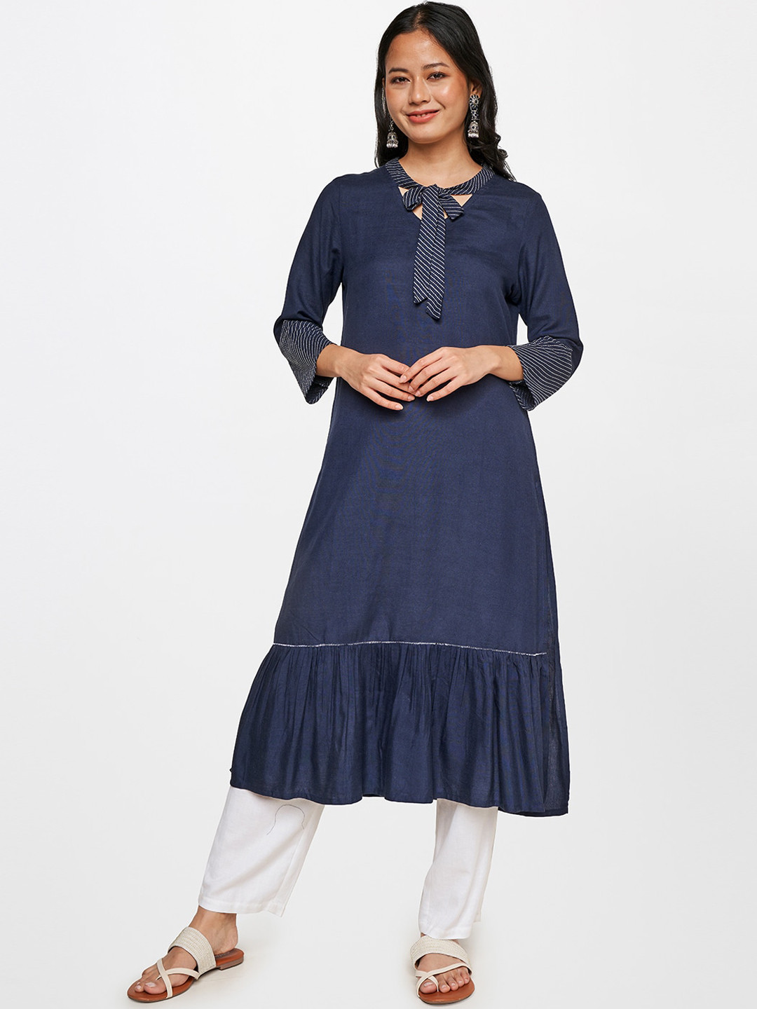Global Desi Tie-Up Neck Thread Work Tiered A-Line Denim Kurta