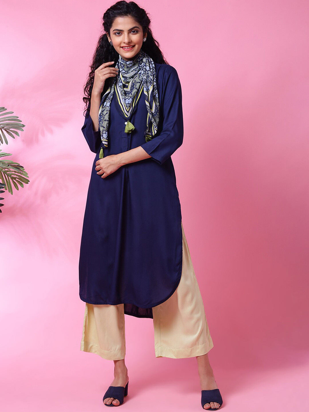 Biba Mandarin Collar Curved A-Line Kurta with Palazzos & Dupatta