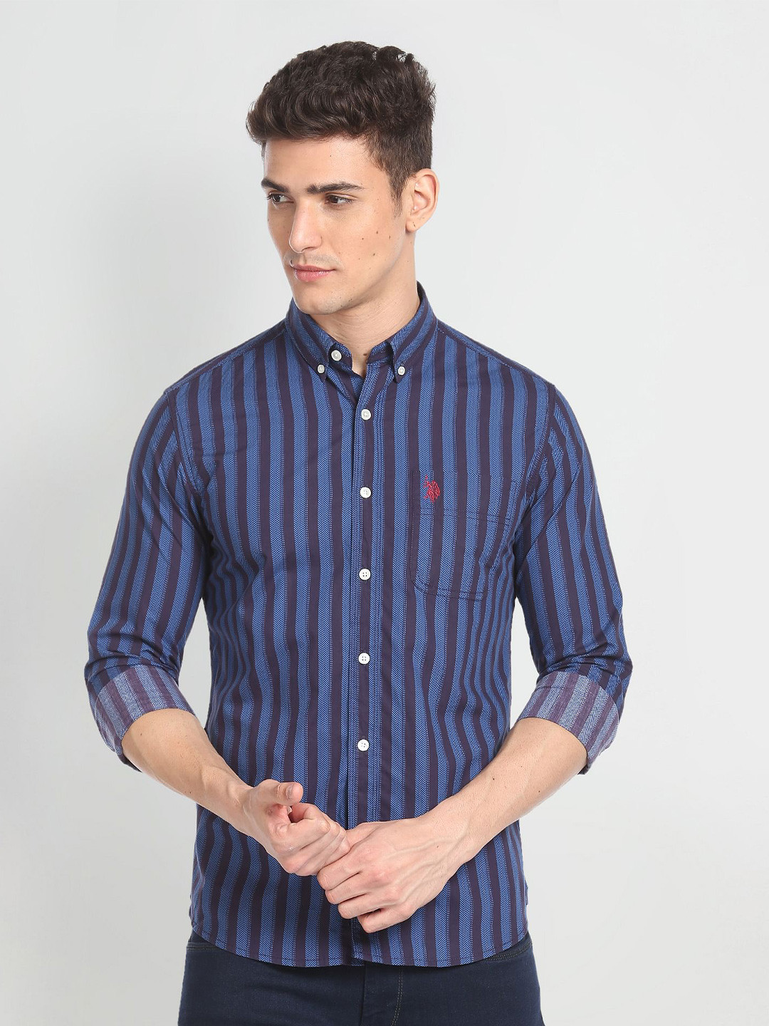 U.S. Polo Assn. Denim Co. Slim Fit Pure Cotton Striped Button-Down Collar Shirt