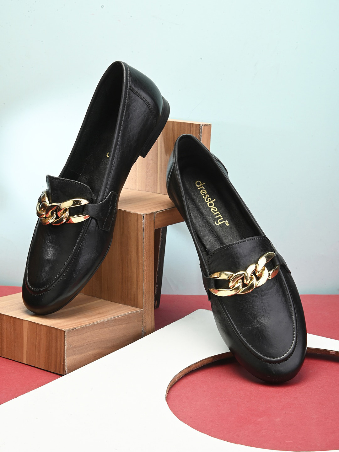 DressBerry Women Black And Gold-Toned Embellished Leather Loafers