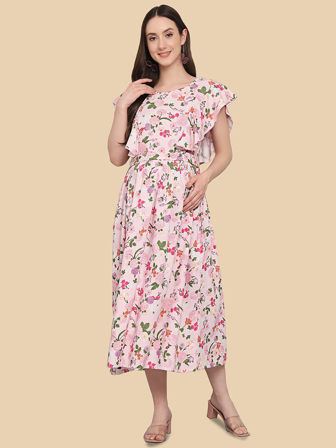 Dream Beauty Fashion Floral Printed Flutter Sleeve Maternity & Feeding Midi Dress