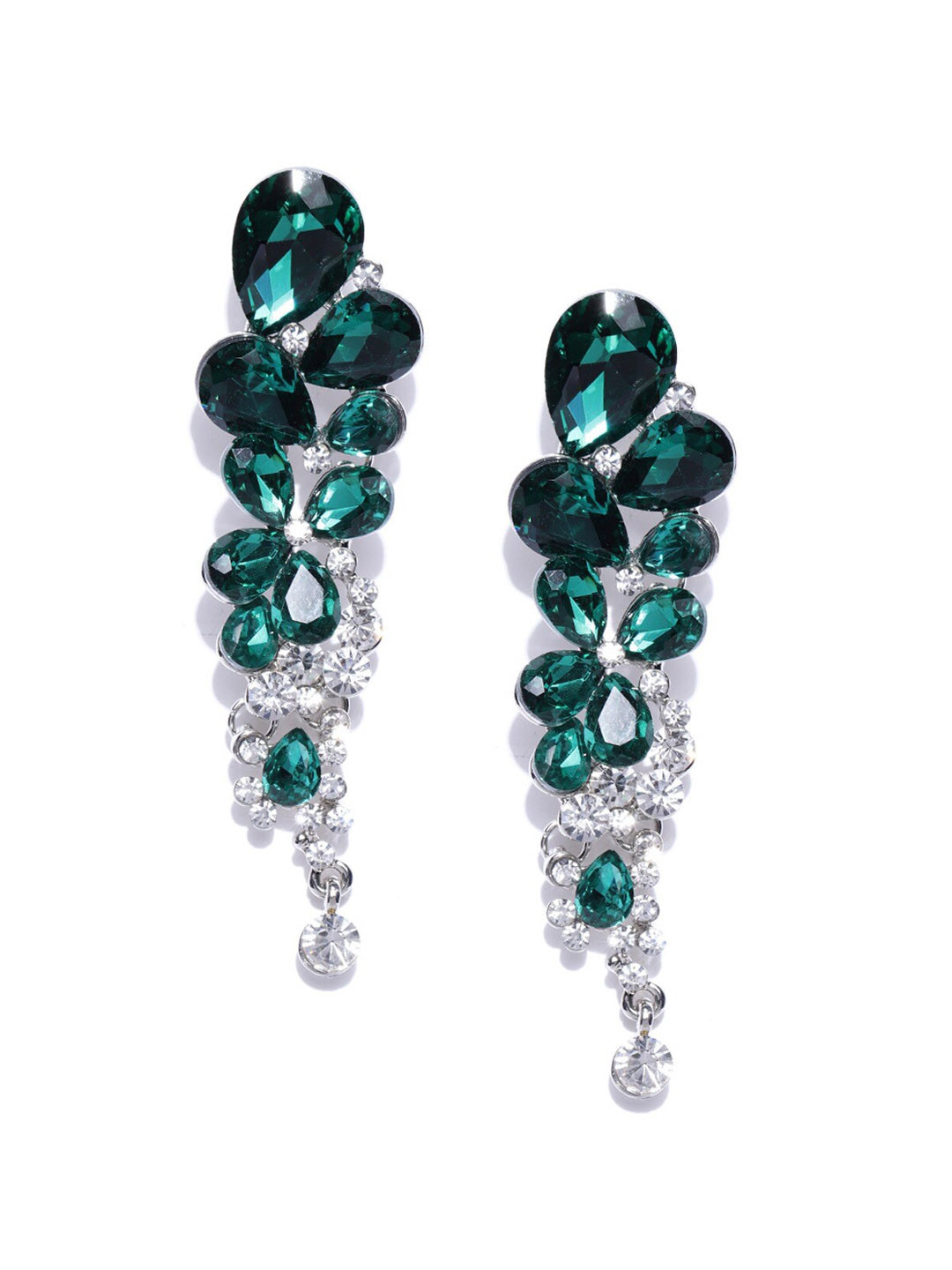 DressBerry Silver-Plated And Green Artificial Stones Teardrop Shaped Drop Earrings
