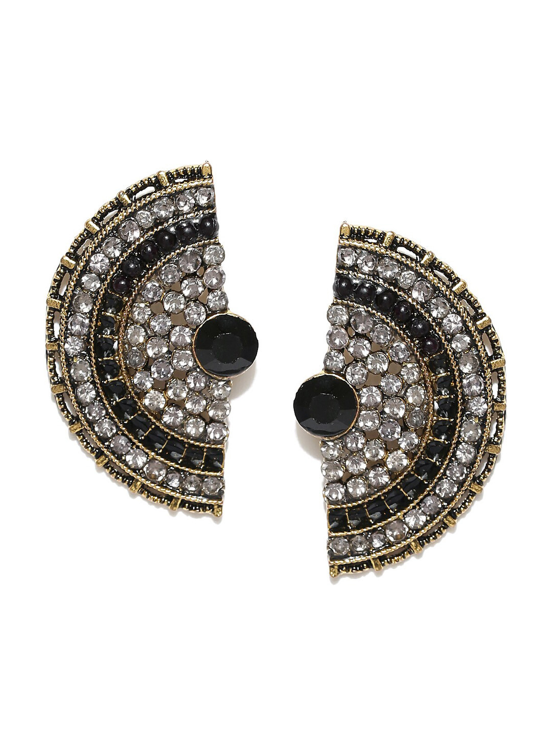 DressBerry Gold-Plated And Black Artificial Stones Contemporary Studs Earrings
