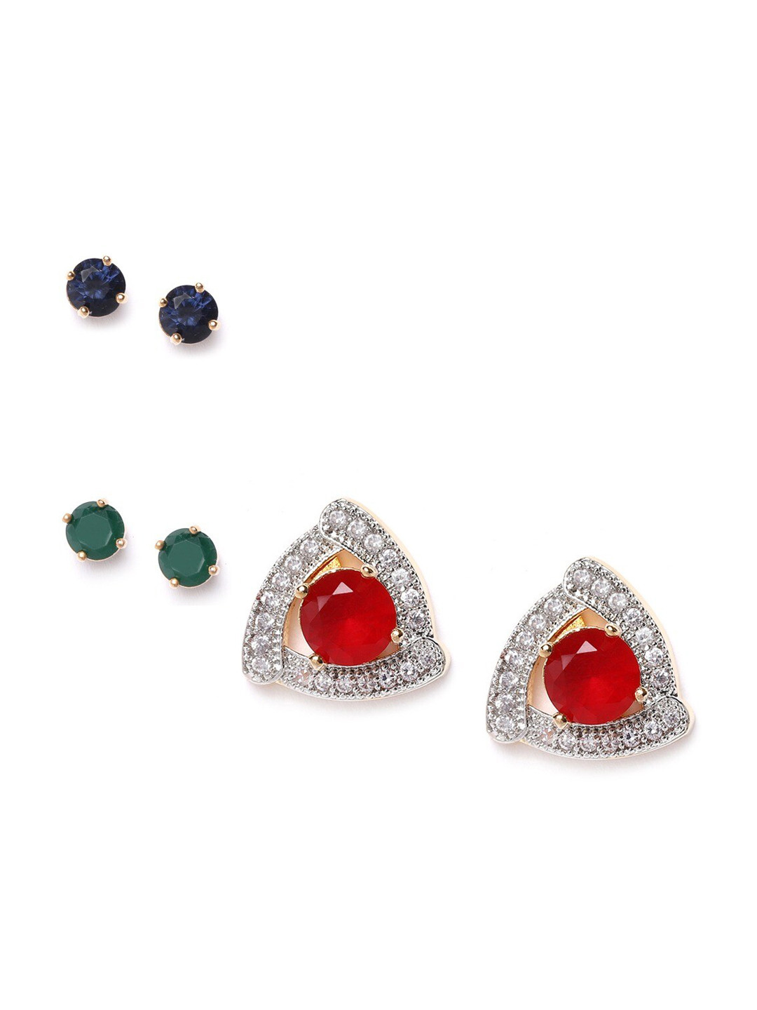 DressBerry Set Of 3 Gold-Plated And Red Artificial Stones Contemporary Studs Earrings